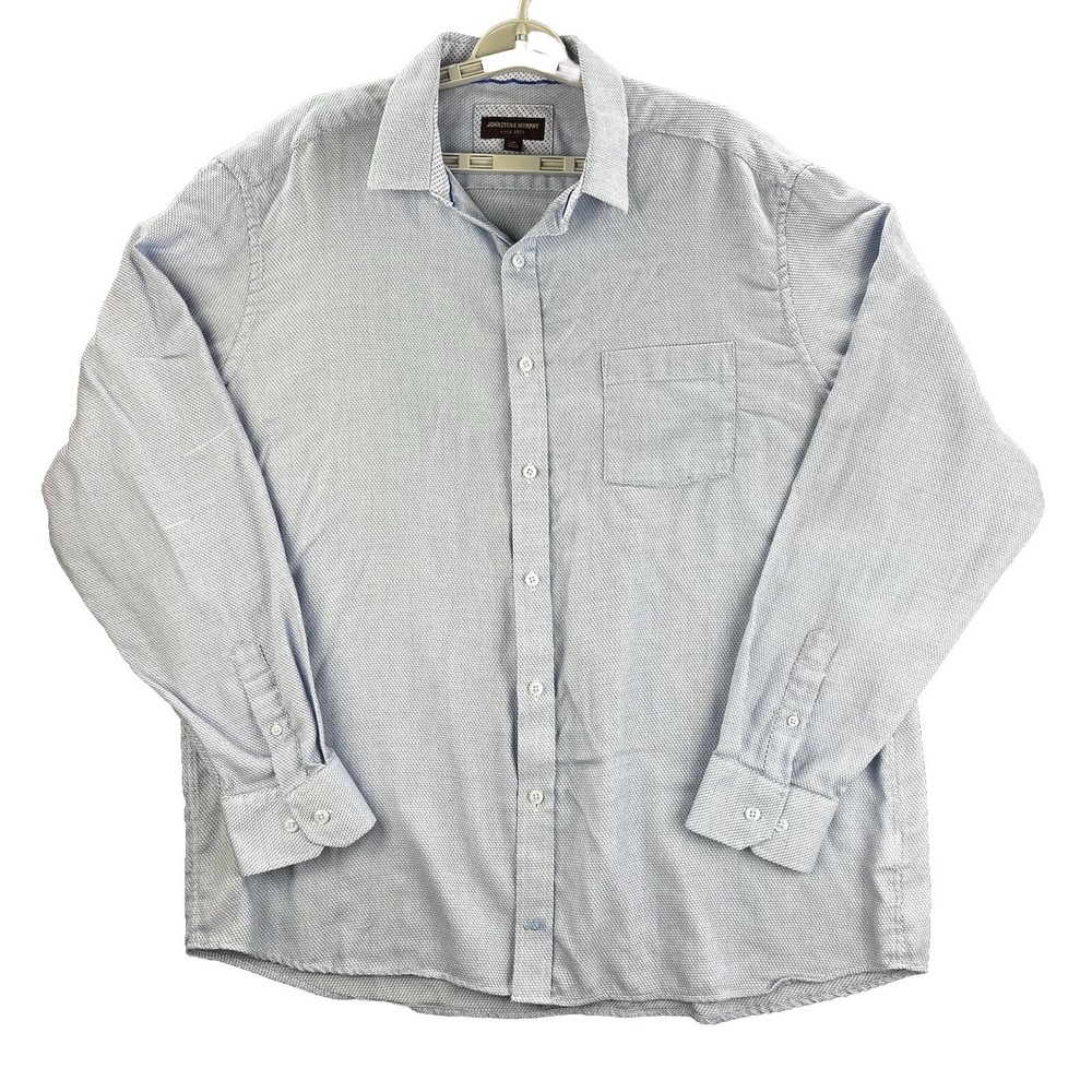 Johnston & Murphy Shirt Blue White Mens 2XL Geometric Flip Cuff Long‎ Sleeve